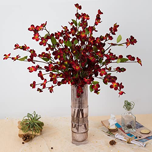 Artificial Flowers Blossom Stems Dogwood Silk Flowers Fake Cornus Bush for Home Decoration Table Centerpieces, 8 PCS (Red) - color: Red