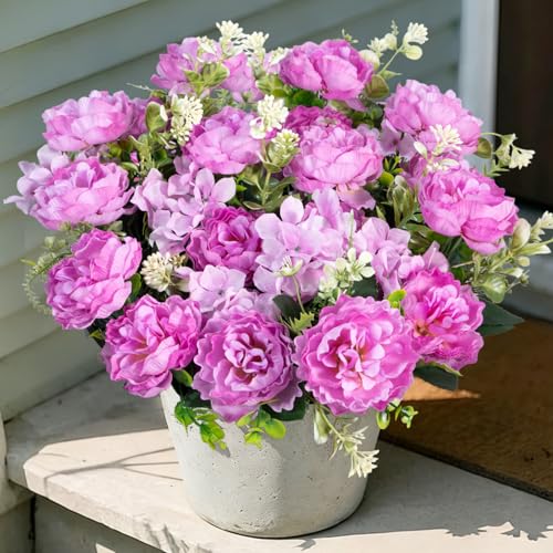 6 Bundles Peonies Artificial Flowers for Outdoors UV Resistant Faux Peony with Hydrangea Fake Flowers Silk Flowers for Outside Front Porch Garden Window Box Planters Decor (Purple) - color: Purple