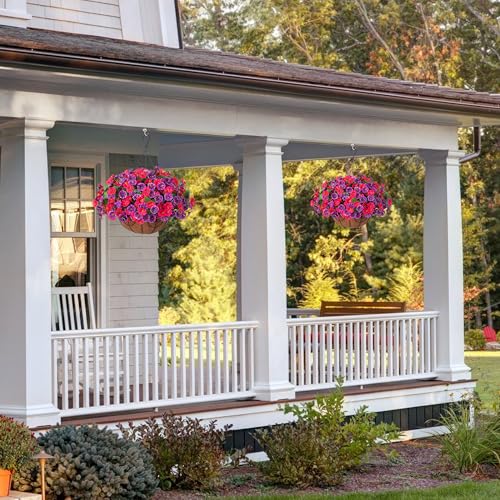 Ammyoo Artificial Fake Hanging Flowers with Basket, Faux Silk Morning Glory Flower Arrangement for Spring Summer Decor, Hanging Plant for Patio Garden Porch Outdoor Decor - color: Lotus Rose