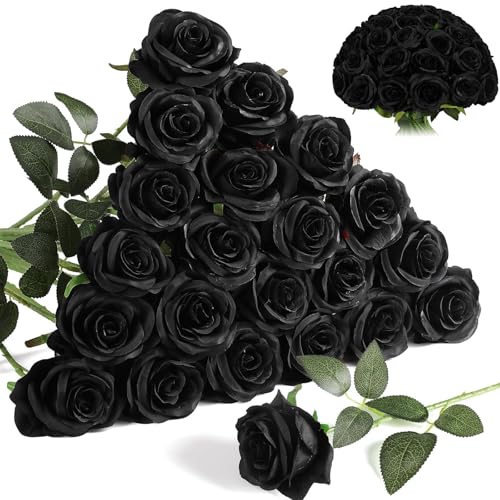 Nubry 24pcs Artificial Black Roses, Fake Silk Roses Flower with Long Stems, Realistic Flowers for Bridal Wedding Party Table Centerpiece Home Decor - color: Black