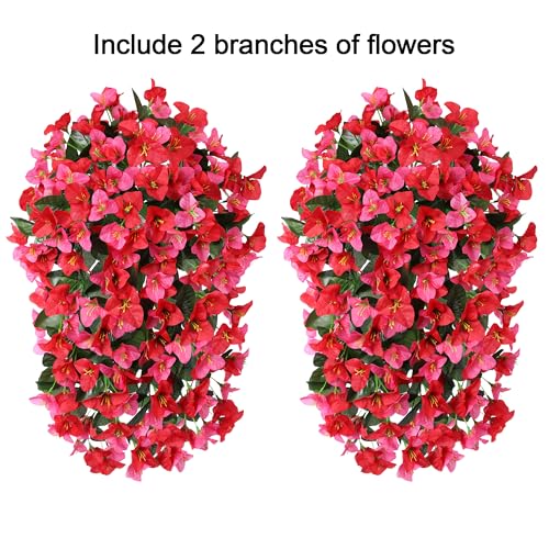 HyeFlora Bougainvillea Artificial Hanging Flowers Plants for Outdoors Decoration, 2pcs Fake Flowers Silk Bougainvillea Vines Realistic UV Resistant Faux Flowers for Outdoor Planters Porch Patio, Mix - color: Hot Pink + Red