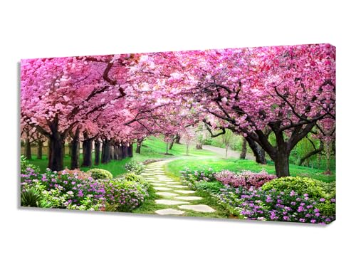 Aibonnly Canvas Wall Art Painting Pink Cherry Blossoms 1 Piece Park Tree Forest Wallpaper Spring landscape Picture Poster Print Framed and Stretched Ready to Hang for Living Room Bedroom Artwork - color: Pink, size: 71"L x 36"W