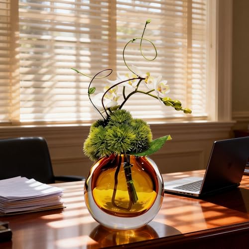 Artificial Orchids, White, in Translucent Bubble Glass Vase, Amber | Look Real, Realistic Appearance, Flower Arrangement - color: Amber