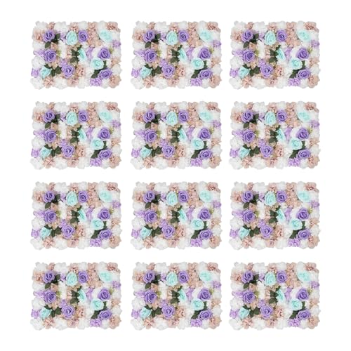 12 Pcs Artificial Flower Wall Panels Silk Dahlia Rose 3D Faux Flower Backdrop Panels Background Decorative for Wedding Celebrations Festive Party Home, 23.62 * 15.74in (Purple) - color: Purple