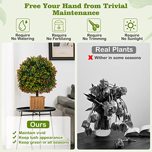 Goplus 22'' Artificial Boxwood Topiary Ball Tree, Set of 2 UV Resistant Faux Potted Plants Artificial Shrubs Bushes with Orange Fruits, Fake Evergreen Artificial Topiary for Home Front Porch Decor - color: Orange