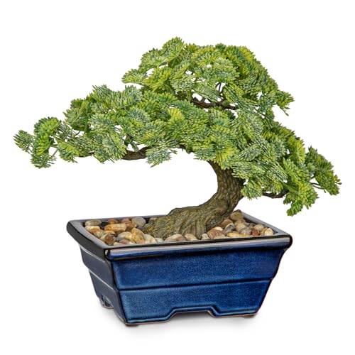 Artificial Bonsai Tree Faux Plants Indoor Fake Plants Decor with Blue Ceramic Pots for Home Table Office Desk Bathroom Shelf Bedroom Living Room Farmhouse Decor - style: Jade- glaze basin