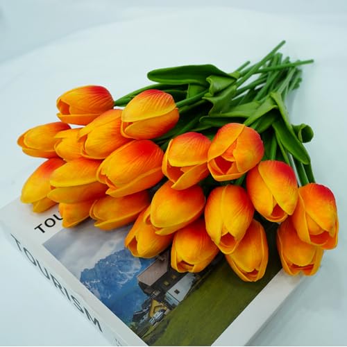 20pcs Orange-Red Faux Tulips Flowers 13 Inch For Mother's Day Easter Gifts in Home Kitchen Wedding Dining Table Decorations - color: Orange-red