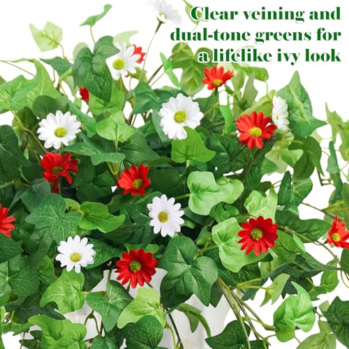 Krissing 3 Pcs Artificial Flowers for Outdoors UV Resistant, Fake Greenery Plants with Daisy Flowers for Planters Porch Window Box Home Decor (Red, White) - color: Red+white, size: 3