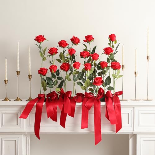 50PCS Artificial Silk Roses Flowers – Realistic Fake Roses in Bulk & Bouquet Long Stem Red Rose for Wedding Centerpieces, Home Decor, Floral Arrangements, Party Decoration (Red) - color: Red, size: 50 Pcs