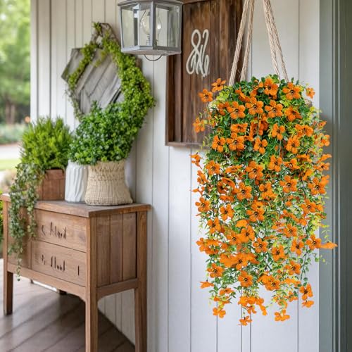 Artificial Hanging Flowers 4 Bundles UV Resistant Fake Flowers for Outdoor Decor Realistic Silk Flower Faux Plants for Patio Porch Garden Yard (Orange) - color: 4pcs Orange