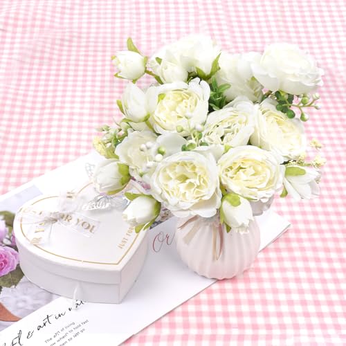 choyaxo 2 Packs Peonies Artificial Flowers Fake Peonies Bouquet for Home Decor Wedding Party Plastic Flower Bulk for Vase Centerpiece Table (White) - color: White