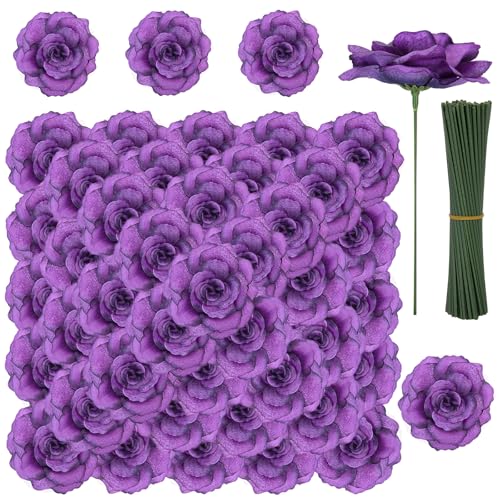 LELEE Rose Head Flowers with Stem - 108pcs Dark Purple Rose Artificial Flowers Bulk - Silk Rose Fake Flower for Wedding Bouquet Party Home Decor DIY Baby Shower Centerpieces Tables Decoration - color: Purple