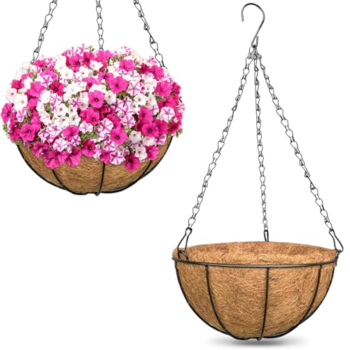 ZeeDix Outdoor Hanging Baskets, 2 Pack 12 Inch Metal Round Wire Hanging Planter with Coconut Liners Replacement, Hanging Flower Pots for Outdoor Plants Flowers - color: 2 Pack, size: 12 Inch