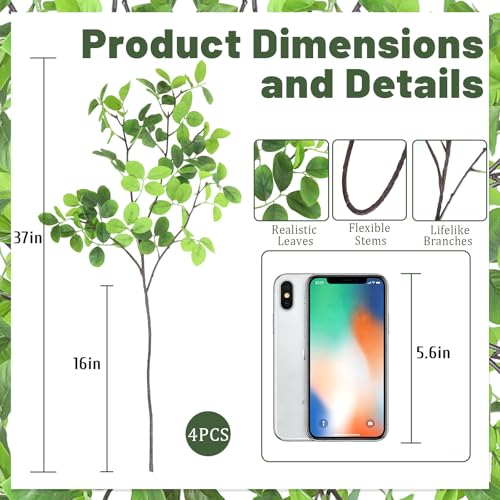 Uieke 4Pcs 37" Faux Eucalyptus Stems, Artificial Plants Indoor Lifelike Silk Plastic Plants for Spring Decoration, Faux Greenery Stems for Wedding Kitchen Home Decor - color: Green, size: 4