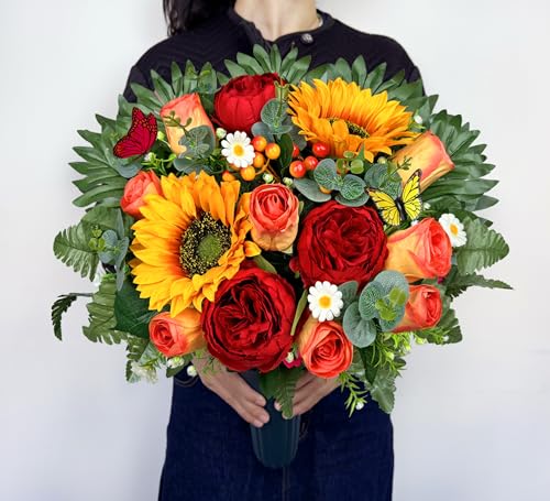 MUVIC Artificial Cemetery Flowers for Outdoor Grave Decorations，Memorial Flower- Realistic Sunflower Rose - Sympathy Bouquet