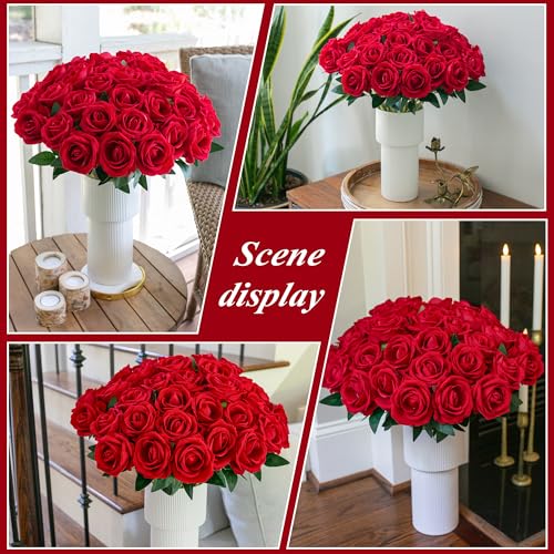 HyeFlora 50 PCS Red Roses Artificial Flowers, Fake Roses with Stems Realistic Silk Roses for DIY Wedding Bouquets Tables Centerpieces Arrangements Party Baby Shower Birthday Home Decor Gift for Her - color: Red