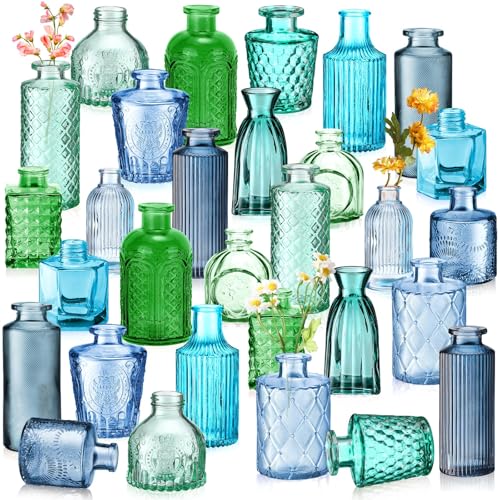Yaomiao 30 Pcs Vases Bulk Colored Flower Glass Vases Bud Vintage Colored Glass Bottles Colorful Rustic Embossed for Home Wedding Table Decorations Gifts(Blue Green Series) - color: Blue Green Series