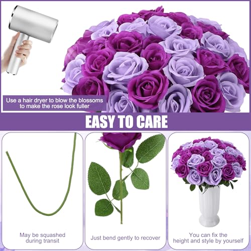 36 Pcs Lilac, Purple Artificial Roses with Long Stems, Fake Silk Rose Artificial Flowers Bulk for Bridal Wedding Bouquet Centerpiece Ball Arrangement Party Decor - color: Lilac, Purple