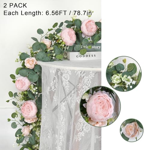 2 Pack 13FT Flower Garland, Artificial Rose Vine Fake Flower Garland Silk Rose Peony Hanging Vine Faux Floral Garlands for Wedding Party Arch Table Wall Backdrop Decoration (Light Pink, 2PCS) - color: Light Pink, size: 2PCS