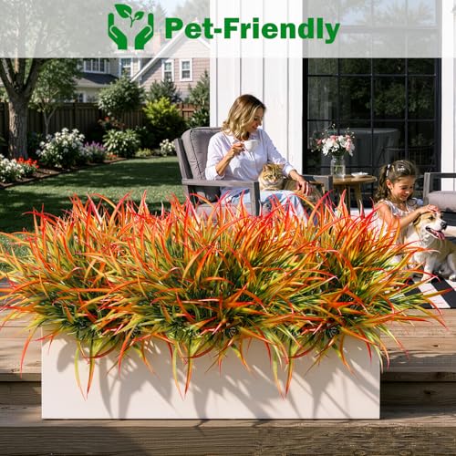 Uieke 28 Bundles Artificial Outdoor Plants UV Resistant Fake Grass Plants Faux Plastic Plants for Home Garden Spring Summer Decor, Green & Red - color: Green & Red, size: 28