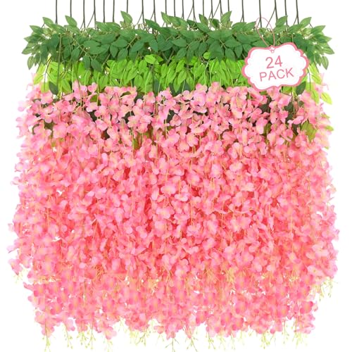 24Pcs Artificial Wisteria Hanging Flowers, 3.6Ft/Pcs Deep Pink Fake Wisteria Garland for Wedding Party Home Garden Indoor Outdoor Decoration - color: Deep Pink, size: 24Pcs