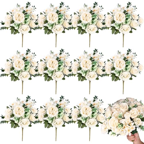 Olgaa 12 Bundles Peonies Artificial Flowers Silk Flowers Faux Peony Fake Peony Hydrangea Flower Bouquet Bulk for Vase Filler Centerpiece Table Decorations Wedding Arch Flowers (Champagne) - color: Champagne