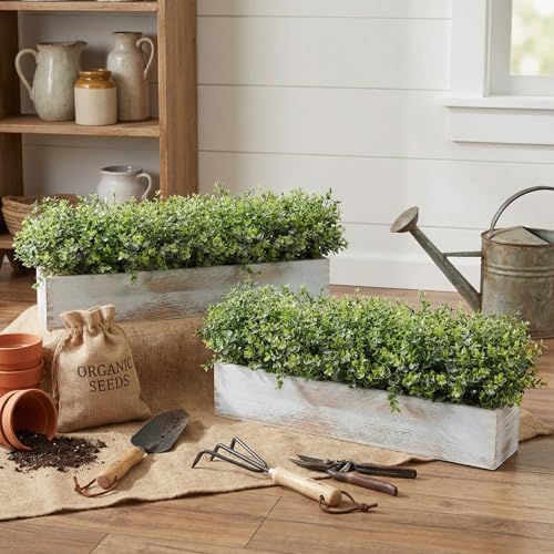 Lyrow 2 Pack Artificial Eucalyptus Plant in Rustic Rectangular Wooden Planter Box Greenery Faux Potted Herb Plant for Indoor Wedding Table Centerpiece(Green,24 x 3.7 x 3.7 Inches,Classic Style) - color: White, size: 24 Inch, style: White Frosted Pointed L