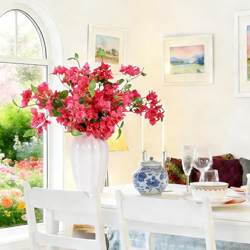 HCTCPALS Artificial Flowers for Outdoors 10 Pcs Bougainvillea Plant Realistic Silk Fake Flowers for UV Resistant Faux Plants Outdoor Indoor Outside Front Porch Hanging Planter Decoration-30” Rose Red - color: Bougainvillea Rose-red