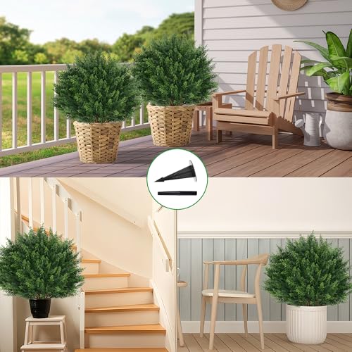 Grooy Artificial Cypress Topiary Tree with Ground Spike, Set of 4 Artificial Shrub Bushes, Fake Evergreen Tree for Porch, Artificial Plants for Outdoor Planters Indoor UV Resistant - color: Cedar Tree 4pc
