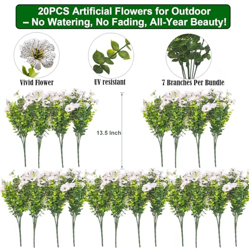 Grunyia 20 Bundles Artificial Flowers for Outdoors, UV Resistant Fake Plants Flowers Greenery Shrubs Plants for Decoration Outside Plants Hanging Planter Home Garden Decor (White) - color: White