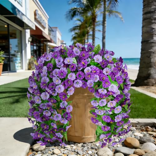 INXUGAO Artificial Fake Hanging Flowers Plants for Outdoor Decoration, 2PCS Faux Silk Morning Glory Long Vines Stems UV Resistant Look Real for Spring Summer Outside Home Porch Patio, Purple - color: Z-purple