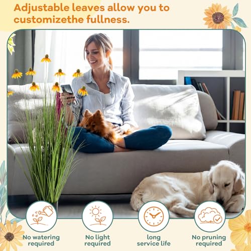 Jexine 2 Pack 4ft/47inch Artificial Grass Plant Outdoor Artificial Greenery Grass in Pot with Fake Daisy Flowers for Spring Room Office Indoor Outdoor Decor Housewarming Gifts - color: Yellow Daisy, size: 4ft