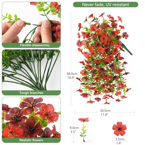 INQCMY 2Pcs Artificial Fake Hanging Flowers for Outdoors UV Resistant Artificial Plants for Spring Summer Decor Look Real Faux Flowers for Outside Home Planter Porch Patio Decor - color: Red Brown