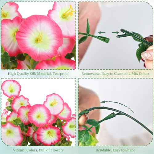 Artificial Hanging Flowers for Outdoors, 6Pcs UV Resistant Morning Glory Vines Fake Flowers with Eucalyptus, Realistic Silk Faux Hanging Plants Decor for Outside Planter Porch Patio (Pink Edge White) - color: Pink Edge White