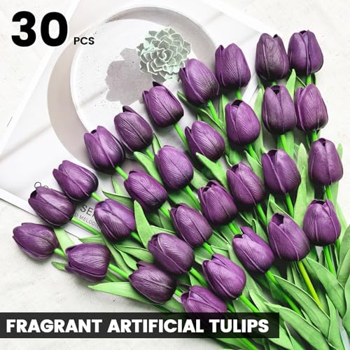 30 PCS Artificial Tulips Real Touch Tulips 13.5inch Long Stem Fake Flowers Silk Flowers for Spring Easter Mother's Day Decorations（Dark Purple） - color: Dark Purple