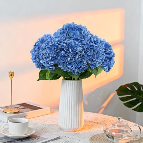 LFF 3Pcs Royal Blue Hydrangea Artificial Flowers, 8.66" Large Real-Touch Latex Blooms with 22" Long Stems, Faux Hydrangea for Outdoor Planter Indoor Home Table Centerpieces Wedding Decor Bouquets - color: Royal Blue