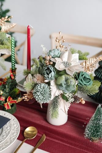rongflower Christmas Artificial Flowers Greenery Combo Box Set Silk Flowers Fake Rose for DIY Christmas Red Theme Decoration Tree Ornaments, Xmas Wreath Floral Arrangements Party - color: Chrismas Green Gold