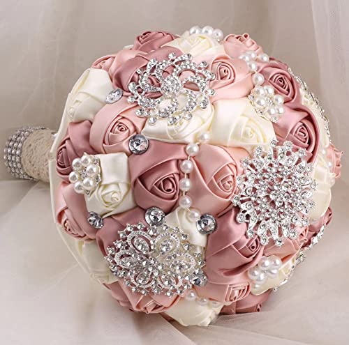 Sharebeauty 7.9 Inch Handmade Satin Rose Bridal Bouquet Toss Round Wedding Bouquet Throw Toss Artificial Flower Bunch Shimmering Blush Pink + Pink Champagne + Ivory - color: W3217d06 Shimmering Blush/Pink Champagne/Ivory