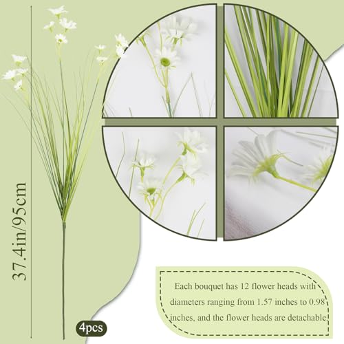 4 Pcs Artificial Plants Onion Grass Outdoor 37" Fake Tall Grass with Daisy Wildflowers White Artificial Wheat Grass Faux Shrubs Bush Greenery Stems for Indoor Garden Outside Office Home Decor - color: 4 Pcs-white Flowers