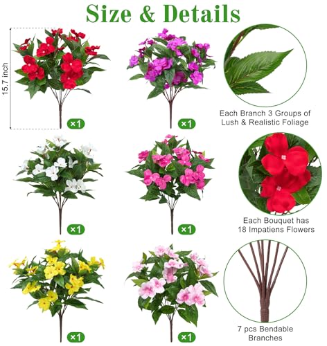 Artificial Flowers for Outdoors Decorations, 6 Bundles Realistic Impatiens Silk Faux Flowers UV Resistant Fake Plants for Outside Pot Patio Garden Porch Planters Window Box Balcony Indoor Home Decor - color: Mix Color