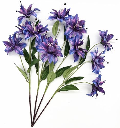 Artificial Lily Flowers Fake Silk Flower Plastic Long Stems Faux Bloom Stargazer Lilies Plant for Wedding Bouquet Party Garden Hotel Home Decor Vase Floral Arrangements DIY Decoration - Purple 4 Pack - color: Silk Flowers / Purple / 4 Pack