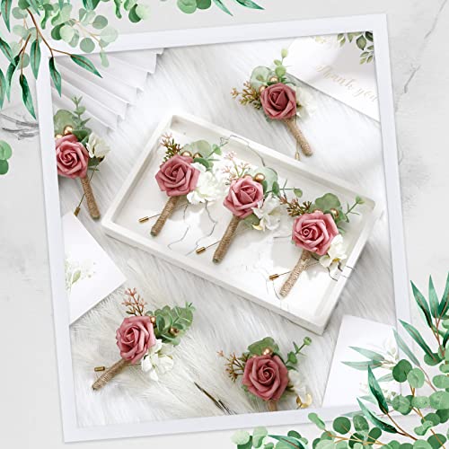 Crowye 16 Pcs Boutonniere for Men Wedding with Pins Set Groom and Groomsmen Ceremony Anniversary Corsage Wedding Flowers Artificial Bouquets for Formal Dinner Party Fall Vintage Prom(Dusty Rose) - color: Dusty Rose