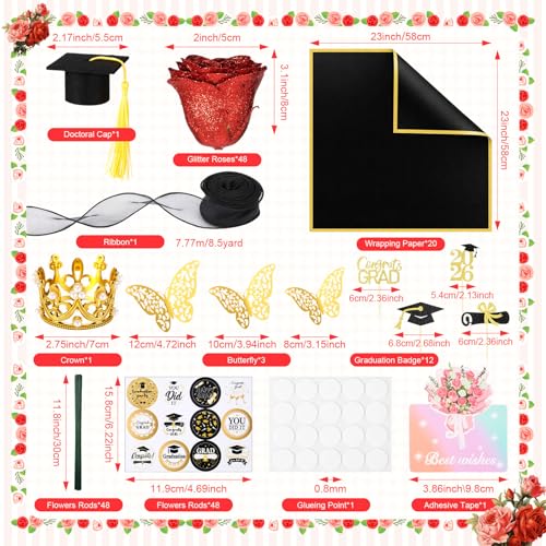 48 Pcs Red Glitter Rose Bouquet DIY Kit, Graduation Gifts for Her Class of 2026, Sparkly Artificial Flowers with Crown 3D Butterflies and Cards, Class of 2026 Senior Graduation Bouquet