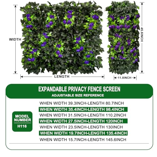 Artificial Expandable Ivy Privacy Fence Screen,Adjustable Size,Dense Leaf Panel,Perfect for Balcony,Garden,Fence Cover and Green Wall Decoration - color: BRANCH-PURPLE ROSE