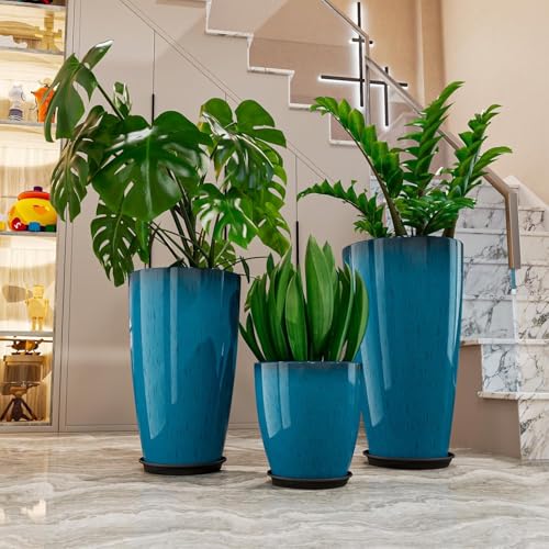 QCQHDU 24,21,11 inch Large Planters with Drainage Hole & Saucer, Set of 3 Plant Pots Tall Planter for Indoor & Outdoor Plants Home Modern Decor - color: Blue, size: 24,21,11 inch