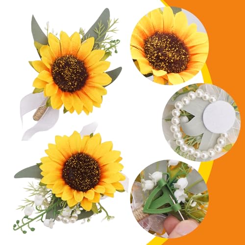 2Pcs Sunflower Corsage Wristlet and Boutonniere for Men Set - Perfect for Prom Decorations Weddings Party Suit Flower Accessories - color: Sunflower
