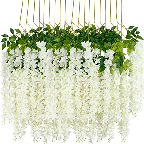 12Pcs Artificial Wisteria Flowers 3.6 Feet/Piece White Dense Artificial Fake Wisteria Vine Ratta Hanging Garland Silk Flowers String Home Party Wedding Decor(White-Dense) - color: White-dense, size: 12 PCS