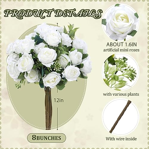 Zeyune 8 Pack 12 Inch Wedding Artificial Mini Rose Bouquet White Silk Flowers Bunches Bulk Fake for Valentine Wedding Bridal Home Office Garden Parties Decoration - color: White