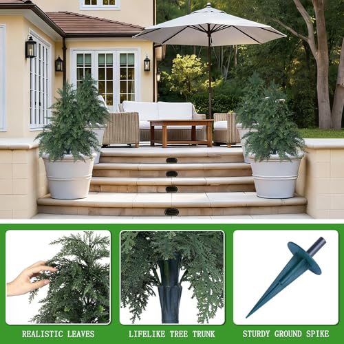 Yangrass 2 Pack 24" Cypress Topiary Trees Artificial Outdoor with Ground Spike, UV Resistant Fake Shrubs Bushes Faux Cedar Pines Trees, Real Touch Faux Evergreen Plants for Home Front Porch Garden - color: Cypress