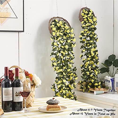 PONKING 8 Pcs x 8.2 ft Flower Garland Artificial Rose Vine Flowers with Green Leaves Hanging Fake Roses Vine for Room Party Home Wedding Birthday Christmas Wall Arch Decor, Spring Yellow Flower - color: Spring-yellow-8pcs, size: 8 Vines 66FT
